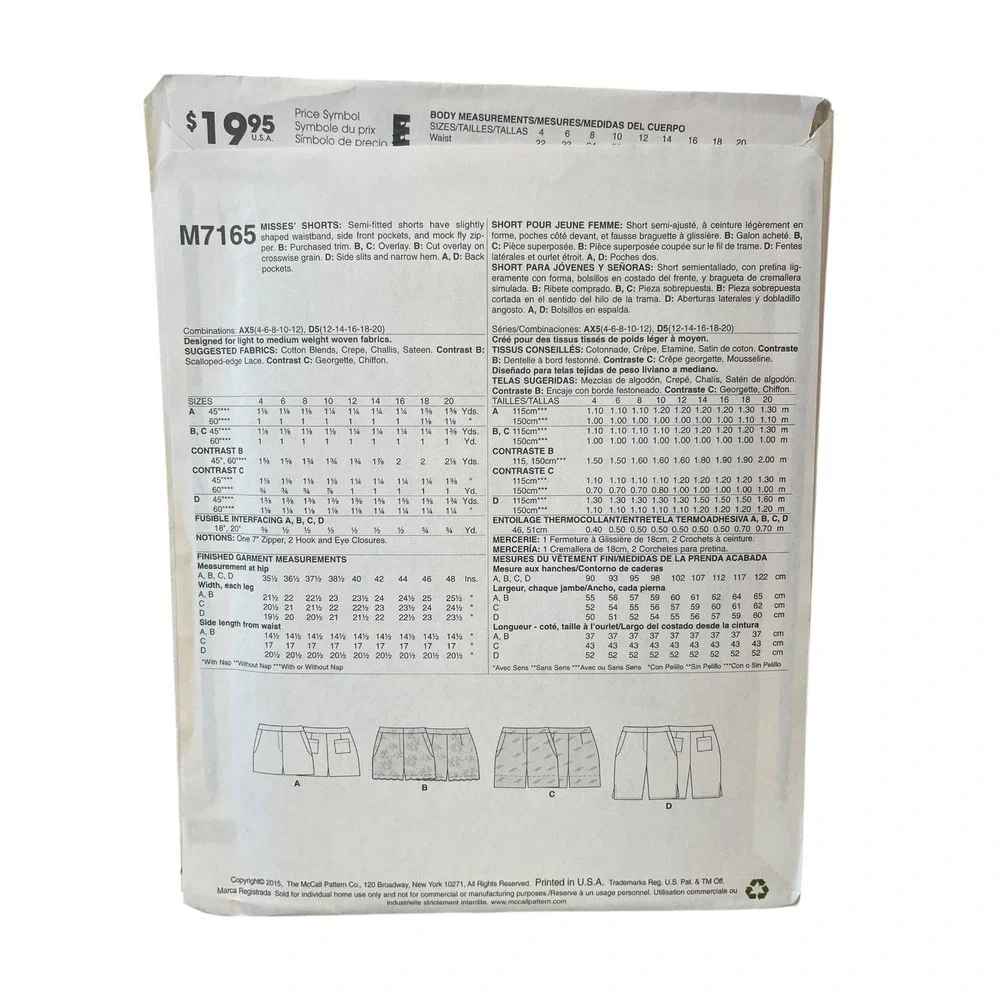 McCALL'S M7165 Misses' Shorts Pattern Size 12-20‎ Easy Sewing